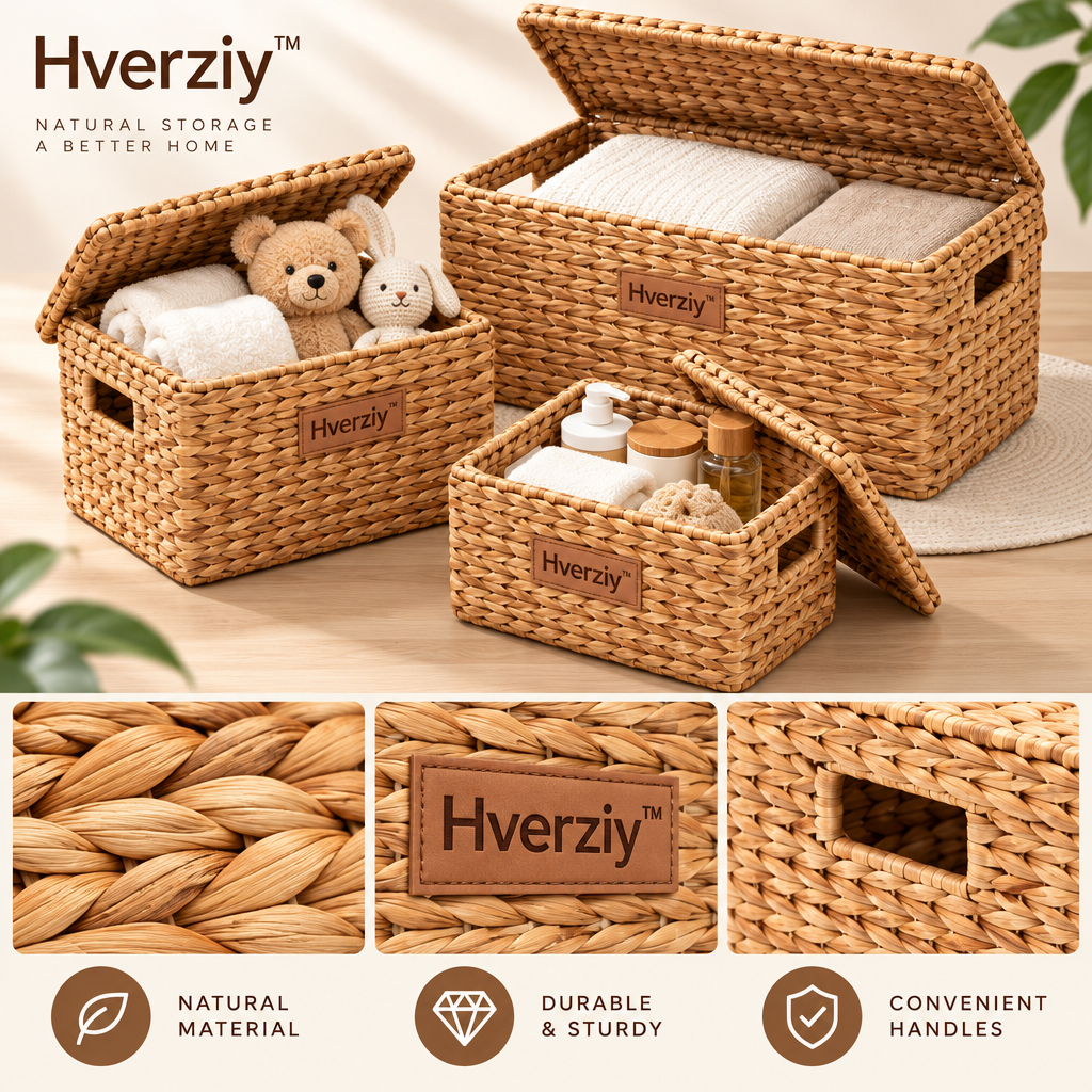Hverziy Lidded Rectangular Woven Organizer Trio image 4