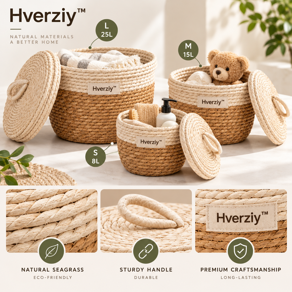 Hverziy Natural Canvas-Lined Lidded Baskets image 5