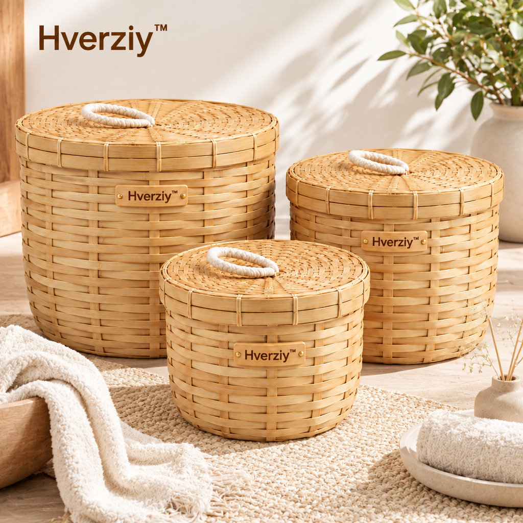 Hverziy Sunlit Round Lidded Storage Basket Trio image 1