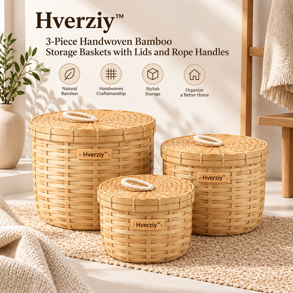 Hverziy Sunlit Round Lidded Storage Basket Trio image 4