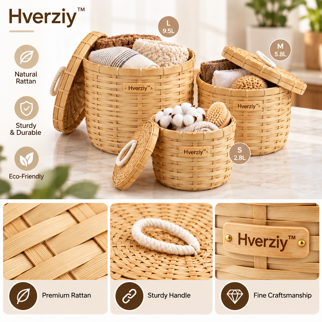 Hverziy Sunlit Round Lidded Storage Basket Trio image 5